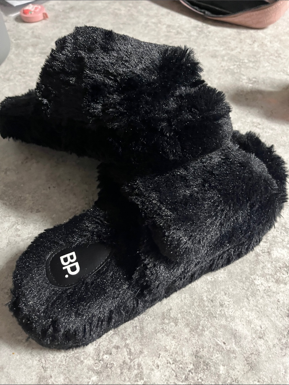 bp Black Plush Faux Fur Slide Sandals for adults